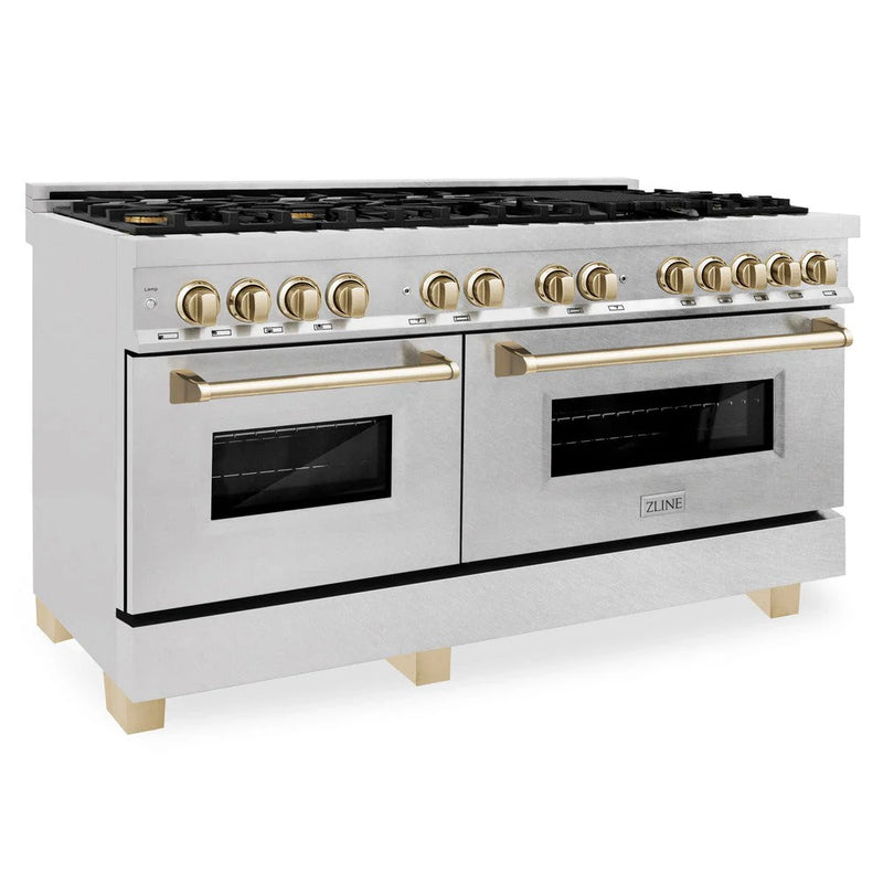 ZLINE Autograph Edition 60 in. 7.4 cu. ft. Legacy Dual Fuel Range with 9 Burner Gas Cooktop and 2 Electric Convection Ovens in DuraSnow® Stainless Steel - RASZ-SN-60