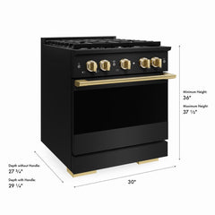 ZLINE Autograph Edition 30 in. 4.2 cu. ft. Marino Dual Fuel Range with 4 Burner Gas Cooktop and Electric Convection Oven in Black Stainless Steel with Polished Gold Accents - MDRBZ-30-G - The Home Selection