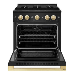 ZLINE Autograph Edition 30 in. 4.2 cu. ft. Marino Dual Fuel Range with 4 Burner Gas Cooktop and Electric Convection Oven in Black Stainless Steel with Polished Gold Accents - MDRBZ-30-G - The Home Selection
