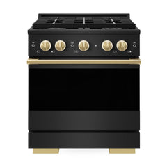 ZLINE Autograph Edition 30 in. 4.2 cu. ft. Marino Dual Fuel Range with 4 Burner Gas Cooktop and Electric Convection Oven in Black Stainless Steel with Polished Gold Accents - MDRBZ-30-G - The Home Selection