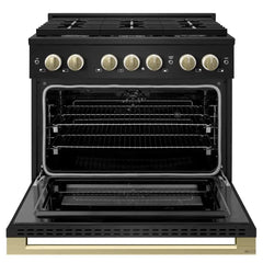 ZLINE Autograph Edition 36 in. 5.2 cu. ft. Marino Dual Fuel Range with 6 Burner Gas Cooktop and Electric Convection Oven in Black Stainless Steel with Champagne Bronze Accents - MDRBZ-36-CB - The Home Selection