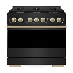 ZLINE Autograph Edition 36 in. 5.2 cu. ft. Marino Dual Fuel Range with 6 Burner Gas Cooktop and Electric Convection Oven in Black Stainless Steel with Champagne Bronze Accents - MDRBZ-36-CB - The Home Selection