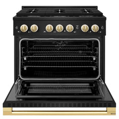 ZLINE Autograph Edition 36 in. 5.2 cu. ft. Marino Dual Fuel Range with 6 Burner Gas Cooktop and Electric Convection Oven in Black Stainless Steel with Polished Gold Accents - MDRBZ-36-G - The Home Selection