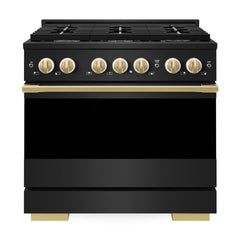 ZLINE Autograph Edition 36 in. 5.2 cu. ft. Marino Dual Fuel Range with 6 Burner Gas Cooktop and Electric Convection Oven in Black Stainless Steel with Polished Gold Accents - MDRBZ-36-G - The Home Selection