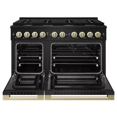 ZLINE Autograph Edition 48 in. 6.7 cu. ft. Marino Double Oven Dual Fuel Range with 8 Burner Gas Cooktop in Black Stainless Steel and Champagne Bronze Accents - MDRBZ-48-CB - The Home Selection