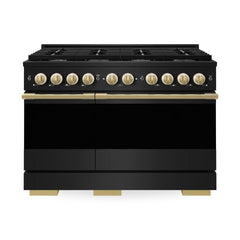 ZLINE Autograph Edition 48 in. 6.7 cu. ft. Marino Double Oven Dual Fuel Range with 8 Burner Gas Cooktop in Black Stainless Steel and Polished Gold Accents - MDRBZ-48-G - The Home Selection