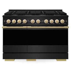 ZLINE Autograph Edition 48 in. 6.7 cu. ft. Marino Double Oven Dual Fuel Range with 8 Burner Gas Cooktop in Black Stainless Steel and Polished Gold Accents - MDRBZ-48-G - The Home Selection