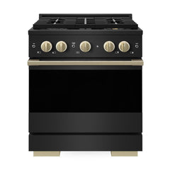 ZLINE Autograph Edition 30 in. 4.2 cu. ft. Marino Dual Fuel Range with 4 Burner DuoPro™ Cooktop and Electric Convection Oven in Black Stainless Steel and Champagne Bronze Accents - PMDRBZ-30-CB - The Home Selection