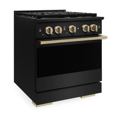 ZLINE Autograph Edition 30 in. 4.2 cu. ft. Marino Dual Fuel Range with 4 Burner DuoPro™ Cooktop and Electric Convection Oven in Black Stainless Steel and Champagne Bronze Accents - PMDRBZ-30-CB - The Home Selection