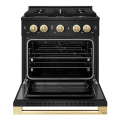 ZLINE Autograph Edition 30 in. 4.2 cu. ft. Marino Dual Fuel Range with 4 Burner DuoPro™ Cooktop and Electric Convection Oven in Black Stainless Steel and Polished Gold Accents - PMDRBZ-30-G - The Home Selection