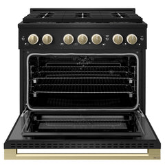 ZLINE Autograph Edition 36 in. 5.2 cu. ft. Marino Dual Fuel Range with 6 Burner DuoPro™ Cooktop and Electric Convection Oven in Black Stainless Steel and Champagne Bronze Accents - PMDRBZ-36-CB - The Home Selection