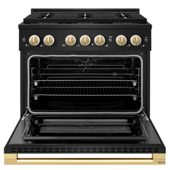ZLINE Autograph Edition 36 in. 5.2 cu. ft. Marino Dual Fuel Range with 6 Burner DuoPro™ Cooktop and Electric Convection Oven in Black Stainless Steel and Polished Gold Accents - PMDRBZ-36-G - The Home Selection