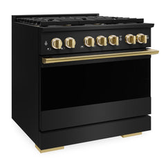 ZLINE Autograph Edition 36 in. 5.2 cu. ft. Marino Dual Fuel Range with 6 Burner DuoPro™ Cooktop and Electric Convection Oven in Black Stainless Steel and Polished Gold Accents - PMDRBZ-36-G - The Home Selection