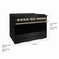 ZLINE Autograph Edition 48 in. 6.7 cu. ft. Marino Dual Fuel Range with 8 Burner DuoPro™ Cooktop and Dual Ovens in Black Stainless Steel and Champagne Bronze Accents - PMDRBZ-48-CB - The Home Selection