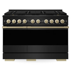ZLINE Autograph Edition 48 in. 6.7 cu. ft. Marino Dual Fuel Range with 8 Burner DuoPro™ Cooktop and Dual Ovens in Black Stainless Steel and Champagne Bronze Accents - PMDRBZ-48-CB - The Home Selection
