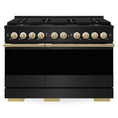 ZLINE Autograph Edition 48 in. 6.7 cu. ft. Marino Dual Fuel Range with 8 Burner DuoPro™ Cooktop and Dual Ovens in Black Stainless Steel and Polished Gold Accents - PMDRBZ-48-G - The Home Selection