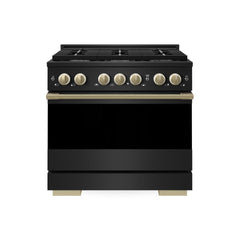 ZLINE Autograph Edition 36 in. 5.2 cu. ft. Marino Gas Range with 6 Burner Cooktop and Convection Gas Oven in Black Stainless Steel and Champagne Bronze Accents - MGRBZ-36-CB - The Home Selection