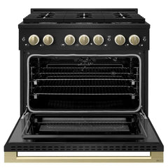 ZLINE Autograph Edition 36 in. 5.2 cu. ft. Marino Gas Range with 6 Burner Cooktop and Convection Gas Oven in Black Stainless Steel and Champagne Bronze Accents - MGRBZ-36-CB - The Home Selection