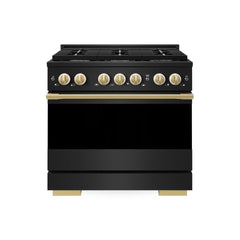 ZLINE Autograph Edition 36 in. 5.2 cu. ft. Marino Gas Range with 6 Burner Cooktop and Convection Gas Oven in Black Stainless Steel and Polished Gold Accents - MGRBZ-36-G - The Home Selection