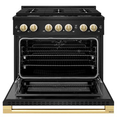 ZLINE Autograph Edition 36 in. 5.2 cu. ft. Marino Gas Range with 6 Burner Cooktop and Convection Gas Oven in Black Stainless Steel and Polished Gold Accents - MGRBZ-36-G - The Home Selection