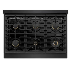 ZLINE Autograph Edition 36 in. 5.2 cu. ft. Marino Gas Range with 6 Burner Cooktop and Convection Gas Oven in Black Stainless Steel and Polished Gold Accents - MGRBZ-36-G - The Home Selection