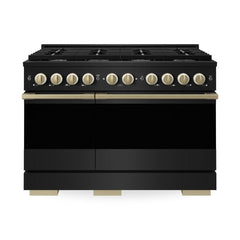 ZLINE Autograph Edition 48 in. 6.7 cu. ft. Marino Double Oven Gas Range with 8 Burner Cooktop in Black Stainless Steel and Champagne Bronze Accents - MGRBZ-48-CB - The Home Selection