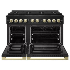 ZLINE Autograph Edition 48 in. 6.7 cu. ft. Marino Double Oven Gas Range with 8 Burner Cooktop in Black Stainless Steel and Champagne Bronze Accents - MGRBZ-48-CB - The Home Selection