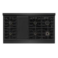 ZLINE Autograph Edition 48 in. 6.7 cu. ft. Marino Double Oven Gas Range with 8 Burner Cooktop in Black Stainless Steel and Polished Gold Accents - MGRBZ-48-G - The Home Selection