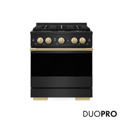 ZLINE Autograph Edition 30 in. 4.2 cu. ft. Marino Gas Range with 4 Burner DuoPro™ Cooktop and Convection Gas Oven in Black Stainless Steel and Polished Gold Accents - PMGRBZ-30-G - The Home Selection