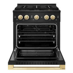 ZLINE Autograph Edition 30 in. 4.2 cu. ft. Marino Gas Range with 4 Burner DuoPro™ Cooktop and Convection Gas Oven in Black Stainless Steel and Polished Gold Accents - PMGRBZ-30-G - The Home Selection