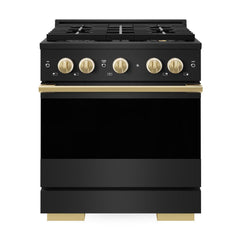 ZLINE Autograph Edition 30 in. 4.2 cu. ft. Marino Gas Range with 4 Burner DuoPro™ Cooktop and Convection Gas Oven in Black Stainless Steel and Polished Gold Accents - PMGRBZ-30-G - The Home Selection