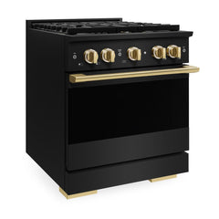 ZLINE Autograph Edition 30 in. 4.2 cu. ft. Marino Gas Range with 4 Burner DuoPro™ Cooktop and Convection Gas Oven in Black Stainless Steel and Polished Gold Accents - PMGRBZ-30-G - The Home Selection