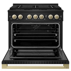 ZLINE Autograph Edition 36 in. 5.2 cu. ft. Marino Gas Range with 6 Burner DuoPro™ Cooktop and Convection Gas Oven in Black Stainless Steel and Champagne Bronze Accents - PMGRBZ-36-CB - The Home Selection