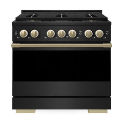 ZLINE Autograph Edition 36 in. 5.2 cu. ft. Marino Gas Range with 6 Burner DuoPro™ Cooktop and Convection Gas Oven in Black Stainless Steel and Champagne Bronze Accents - PMGRBZ-36-CB - The Home Selection