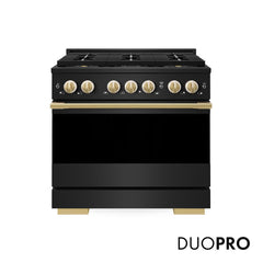 ZLINE Autograph Edition 36 in. 5.2 cu. ft. Marino Gas Range with 6 Burner DuoPro™ Cooktop and Convection Gas Oven in Black Stainless Steel and Polished Gold Accents - PMGRBZ-36-G - The Home Selection