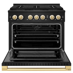 ZLINE Autograph Edition 36 in. 5.2 cu. ft. Marino Gas Range with 6 Burner DuoPro™ Cooktop and Convection Gas Oven in Black Stainless Steel and Polished Gold Accents - PMGRBZ-36-G - The Home Selection