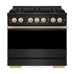 ZLINE Autograph Edition 36 in. 5.2 cu. ft. Marino Gas Range with 6 Burner DuoPro™ Cooktop and Convection Gas Oven in Black Stainless Steel and Polished Gold Accents - PMGRBZ-36-G - The Home Selection