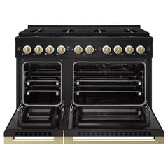 ZLINE Autograph Edition 48 in. 6.7 cu. ft. Marino Gas Range with 8 Burner DuoPro™ Cooktop and Dual Ovens in Black Stainless Steel and Champagne Bronze Accents - PMGRBZ-48-CB - The Home Selection