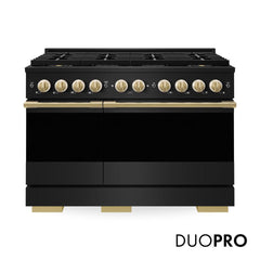 ZLINE Autograph Edition 48 in. 6.7 cu. ft. Marino Gas Range with 8 Burner DuoPro™ Cooktop and Dual Ovens in Black Stainless Steel and Polished Gold Accents - PMGRBZ-48-G - The Home Selection