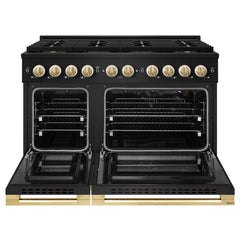 ZLINE Autograph Edition 48 in. 6.7 cu. ft. Marino Gas Range with 8 Burner DuoPro™ Cooktop and Dual Ovens in Black Stainless Steel and Polished Gold Accents - PMGRBZ-48-G - The Home Selection