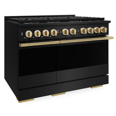 ZLINE Autograph Edition 48 in. 6.7 cu. ft. Marino Gas Range with 8 Burner DuoPro™ Cooktop and Dual Ovens in Black Stainless Steel and Polished Gold Accents - PMGRBZ-48-G - The Home Selection