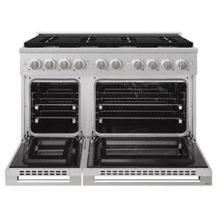 ZLINE 48 in. 6.7 cu. ft. Marino Double Oven Dual Fuel Range with 8 Burner Gas Cooktop in Satin Stainless Steel - MDRS-48 - The Home Selection