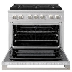 ZLINE 36 in. 5.2 cu. ft. Marino Dual Fuel Range with Gas Cooktop and Electric Convection Oven in Satin Stainless Steel with 6 Brass Burners - MDRS-BR-36 - The Home Selection