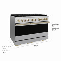ZLINE Autograph Edition 48 in. 6.7 cu. ft. Marino Dual Fuel Range with 8 Burner DuoPro™ Cooktop and Dual Ovens in Satin Stainless Steel and Champagne Bronze Accents - PMDRSZ-48-CB - The Home Selection