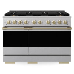 ZLINE Autograph Edition 48 in. 6.7 cu. ft. Marino Dual Fuel Range with 8 Burner DuoPro™ Cooktop and Dual Ovens in Satin Stainless Steel and Champagne Bronze Accents - PMDRSZ-48-CB - The Home Selection