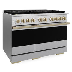 ZLINE Autograph Edition 48 in. 6.7 cu. ft. Marino Dual Fuel Range with 8 Burner DuoPro™ Cooktop and Dual Ovens in Satin Stainless Steel and Champagne Bronze Accents - PMDRSZ-48-CB - The Home Selection