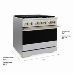 ZLINE Autograph Edition 36 in. 5.2 cu. ft. Marino Dual Fuel Range with 6 Burner Gas Cooktop and Electric Convection Oven in Satin Stainless Steel with Champagne Bronze Accents - MDRSZ-36-CB - The Home Selection
