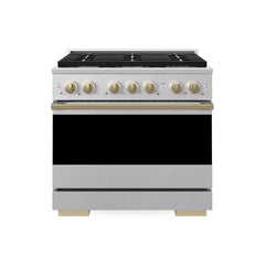 ZLINE Autograph Edition 36 in. 5.2 cu. ft. Marino Dual Fuel Range with 6 Burner Gas Cooktop and Electric Convection Oven in Satin Stainless Steel with Champagne Bronze Accents - MDRSZ-36-CB - The Home Selection