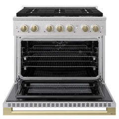 ZLINE Autograph Edition 36 in. 5.2 cu. ft. Marino Dual Fuel Range with 6 Burner Gas Cooktop and Electric Convection Oven in Satin Stainless Steel with Champagne Bronze Accents - MDRSZ-36-CB - The Home Selection