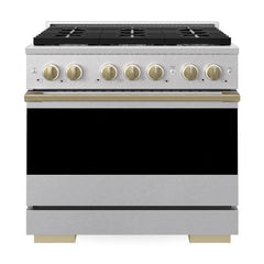 ZLINE Autograph Edition 36 in. 5.2 cu. ft. Marino Dual Fuel Range with 6 Burner Gas Cooktop and Electric Convection Oven in Satin Stainless Steel with Champagne Bronze Accents - MDRSZ-36-CB - The Home Selection